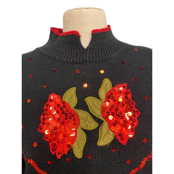 Vintage Images By Duet Black Sweater With Red Floral Sequin Embellishments M - Picture 7 of 12